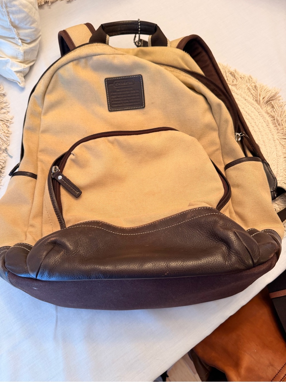 Coach Beige Canvas and Dark Brown Leather Backpack